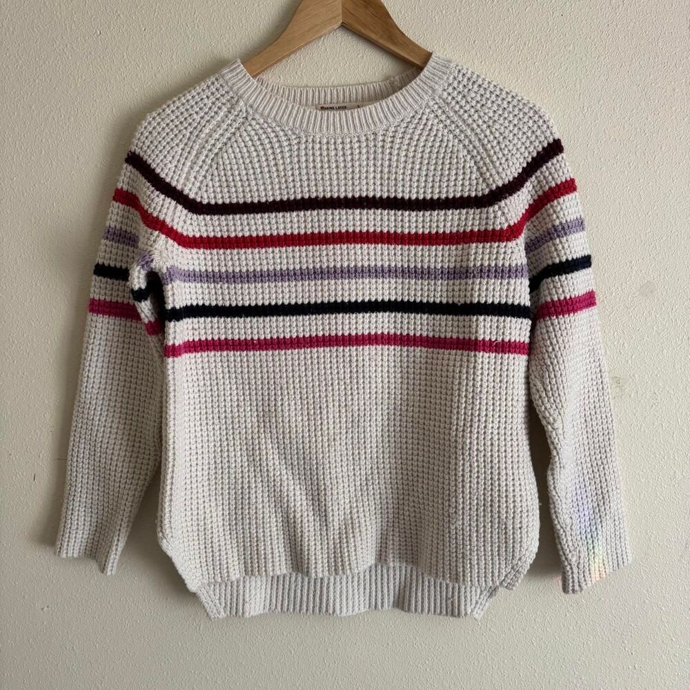 Marine Layer Delaney Pink Purple Stripe Pullover Cream Waffle Crewneck Sweater S
